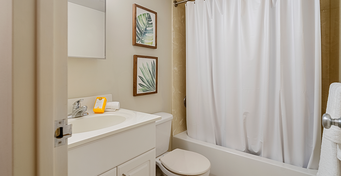 Washroom showing shower, toilet and sink