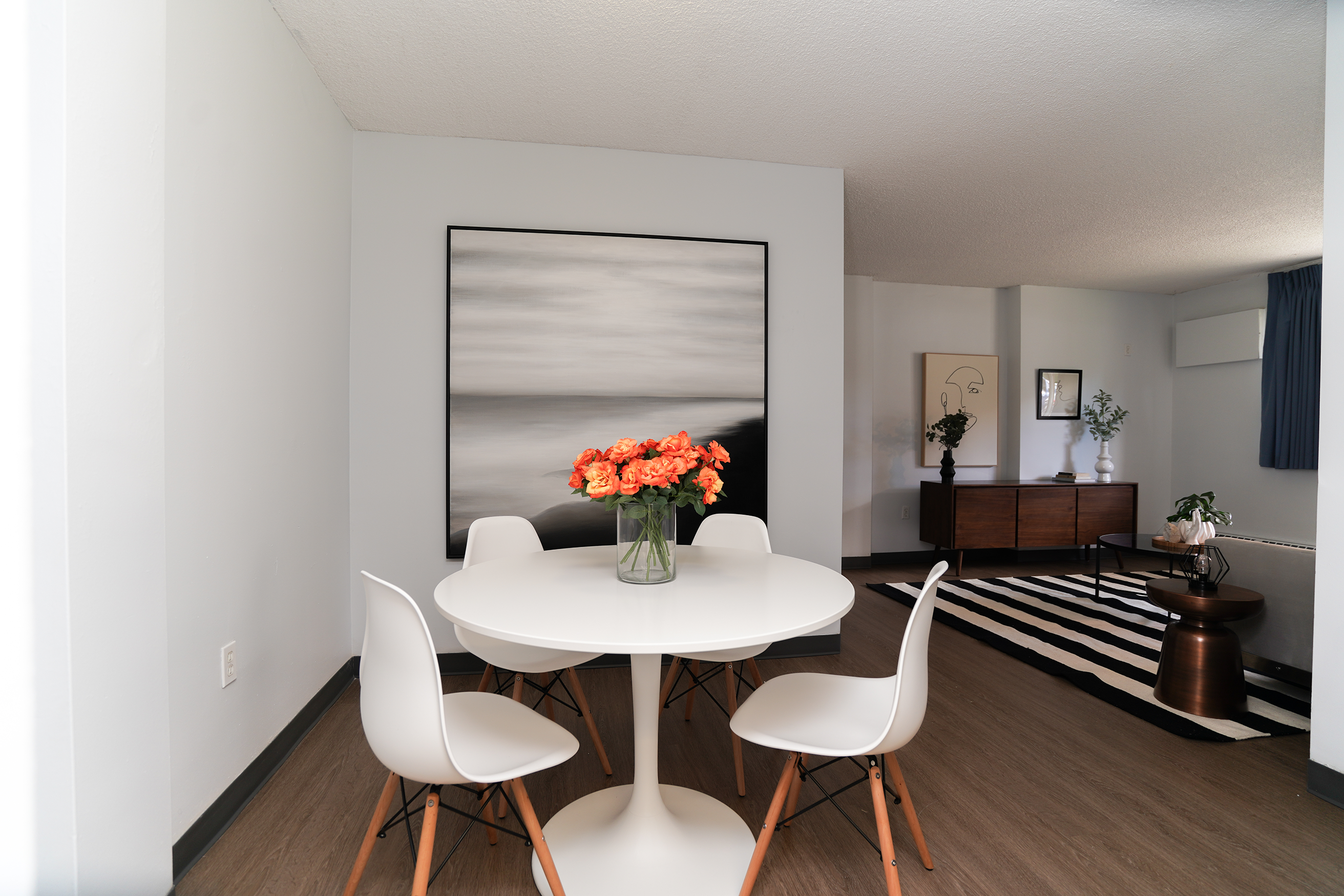 Dining area showing table and living room