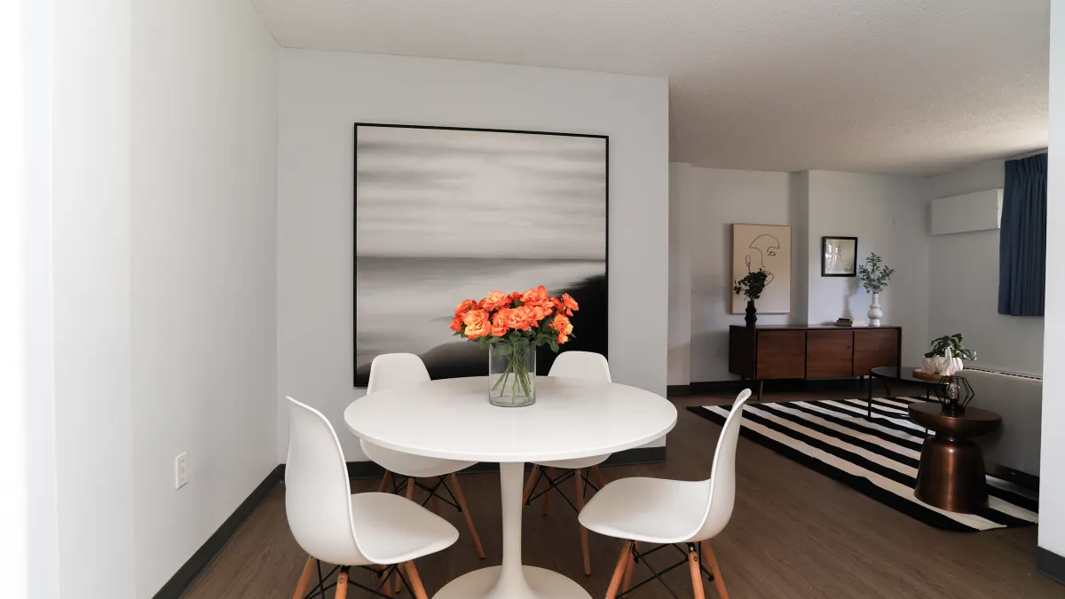 Dining area showing table and living room