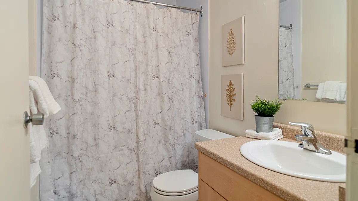 Bathroom showing shower, toilet and sink