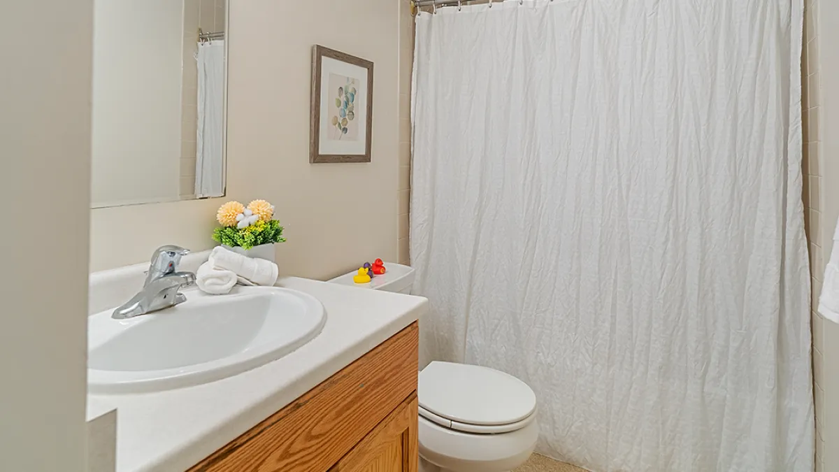 Bathroom showing shower, sink and toilet